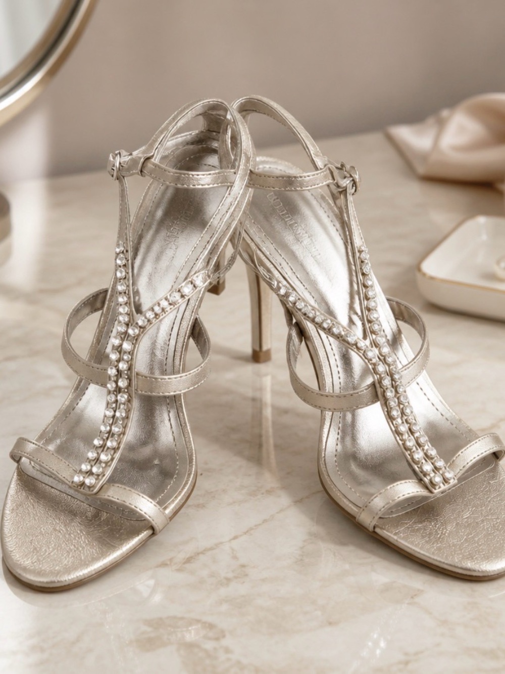 Metallic Strappy Heels with Pearl Detail